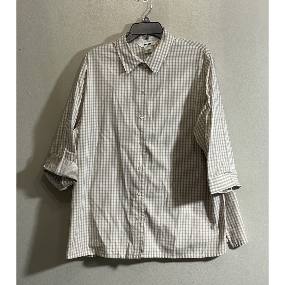Alia Button Down Collared Shirt 20W Tan White Gingham Button Contrast Sleeve